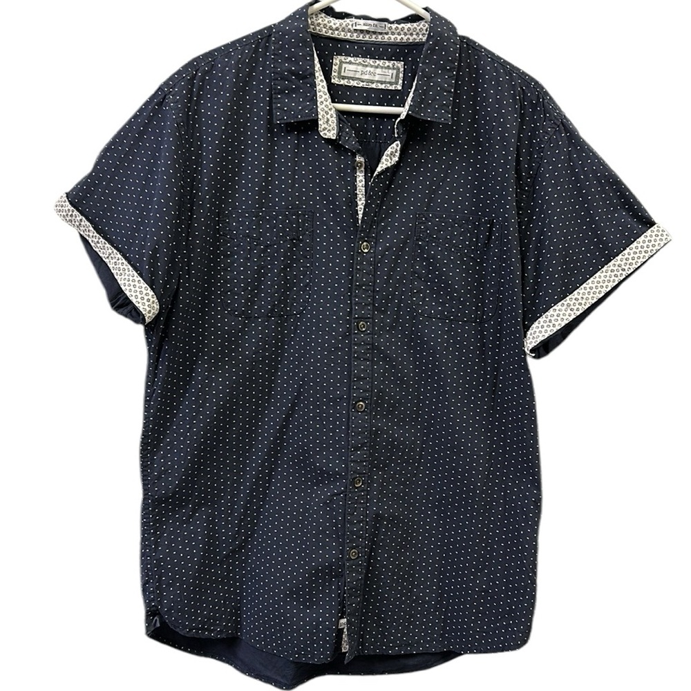 pd&c Slim Fit Blue White Print Short Sleeve Button Up Double Pocket Shirt Mens M